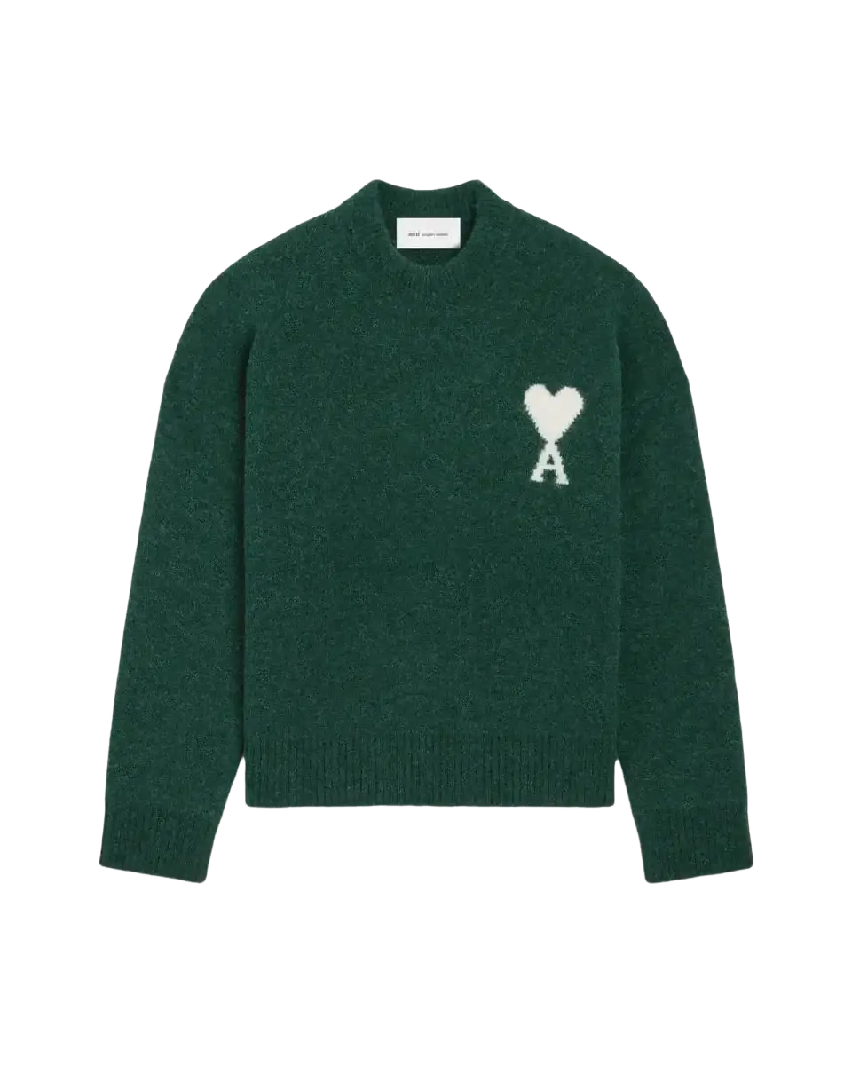 AMI PARIS – Pull en maille col rond Ami de Cœur Vert bouteille / Écru