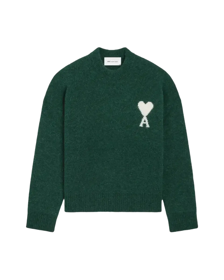 AMI PARIS – Pull en maille col rond Ami de Cœur Vert bouteille / Écru