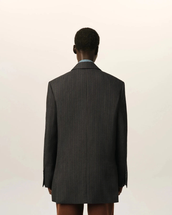 AMI PARIS - Veste rayée double boutonnage en laine Gris carbone / Marron chocolat - Lothaire