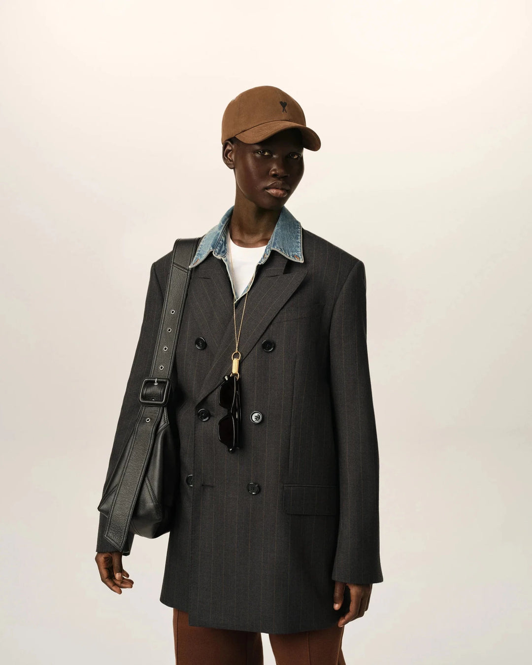 AMI PARIS - Veste rayée double boutonnage en laine Gris carbone / Marron chocolat - Lothaire