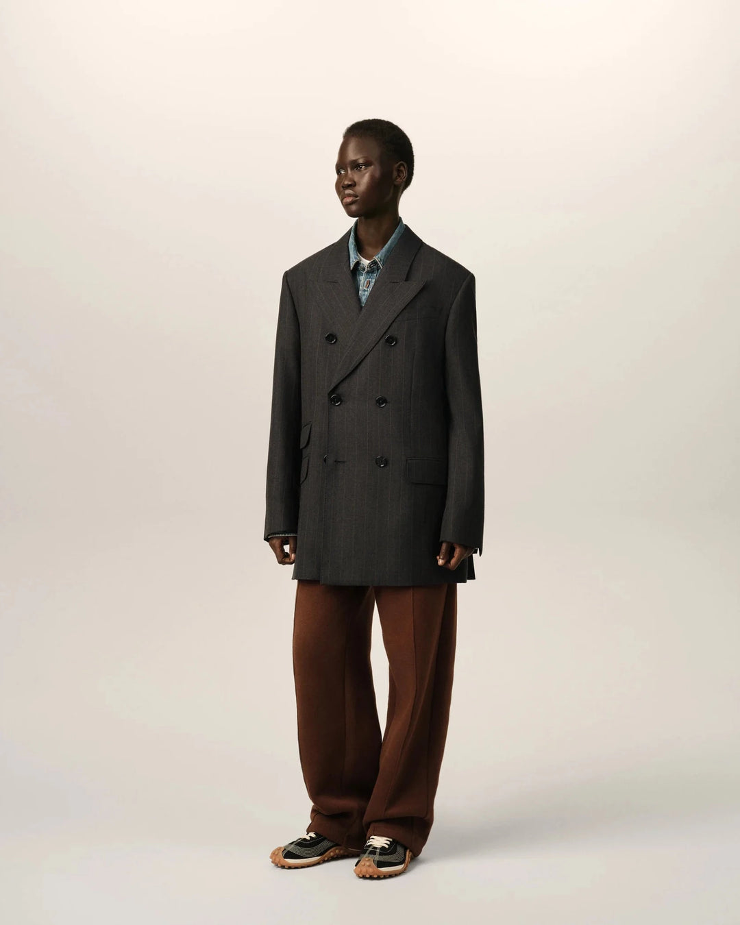 AMI PARIS - Veste rayée double boutonnage en laine Gris carbone / Marron chocolat - Lothaire