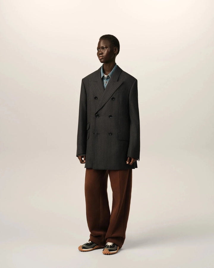 AMI PARIS - Veste rayée double boutonnage en laine Gris carbone / Marron chocolat - Lothaire