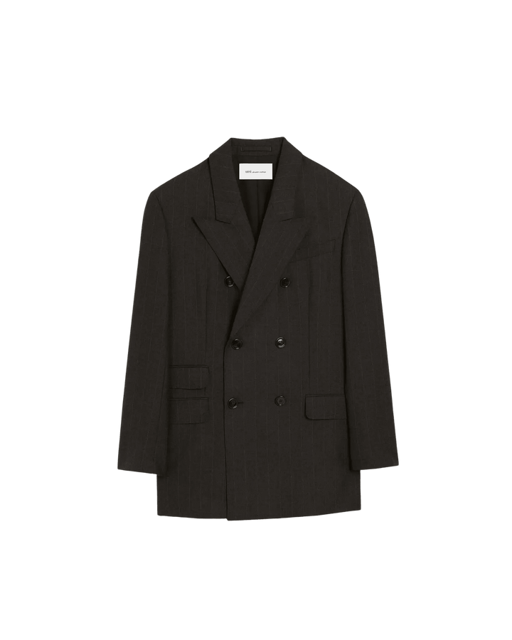 AMI PARIS - Veste rayée double boutonnage en laine Gris carbone / Marron chocolat - Lothaire