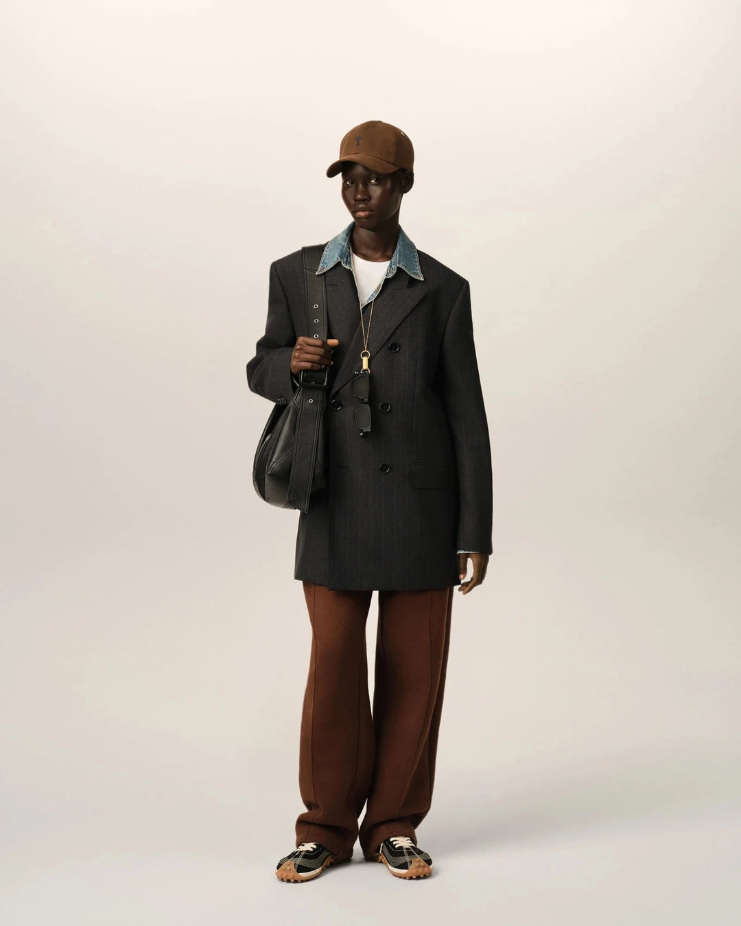 AMI PARIS - Veste rayée double boutonnage en laine Gris carbone / Marron chocolat - Lothaire