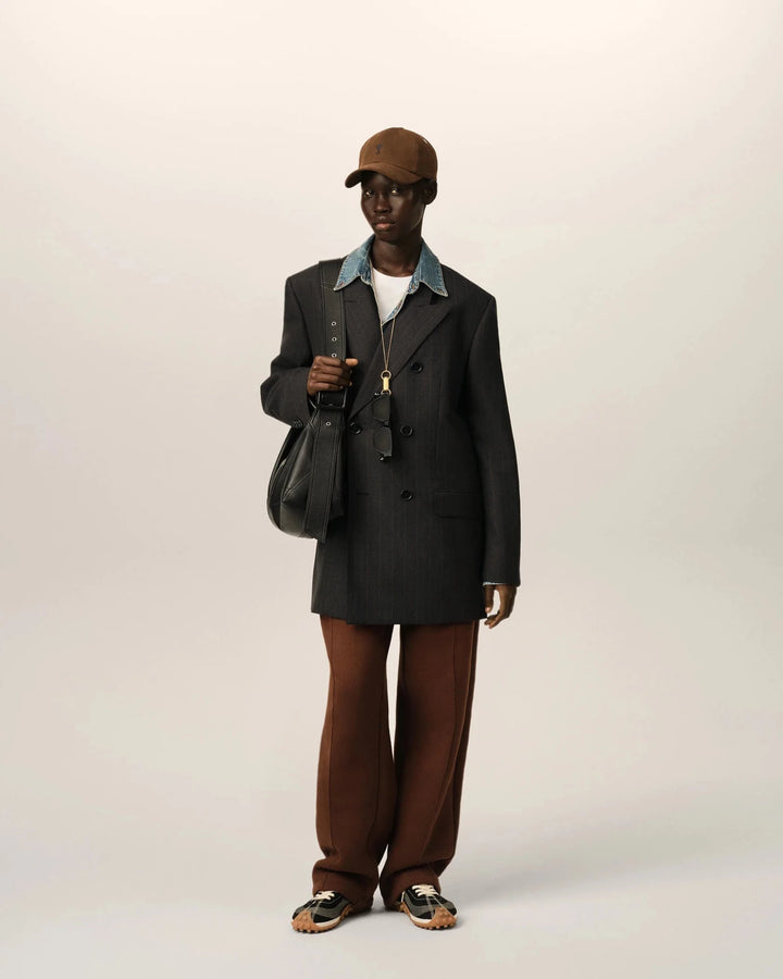 AMI PARIS - Veste rayée double boutonnage en laine Gris carbone / Marron chocolat - Lothaire