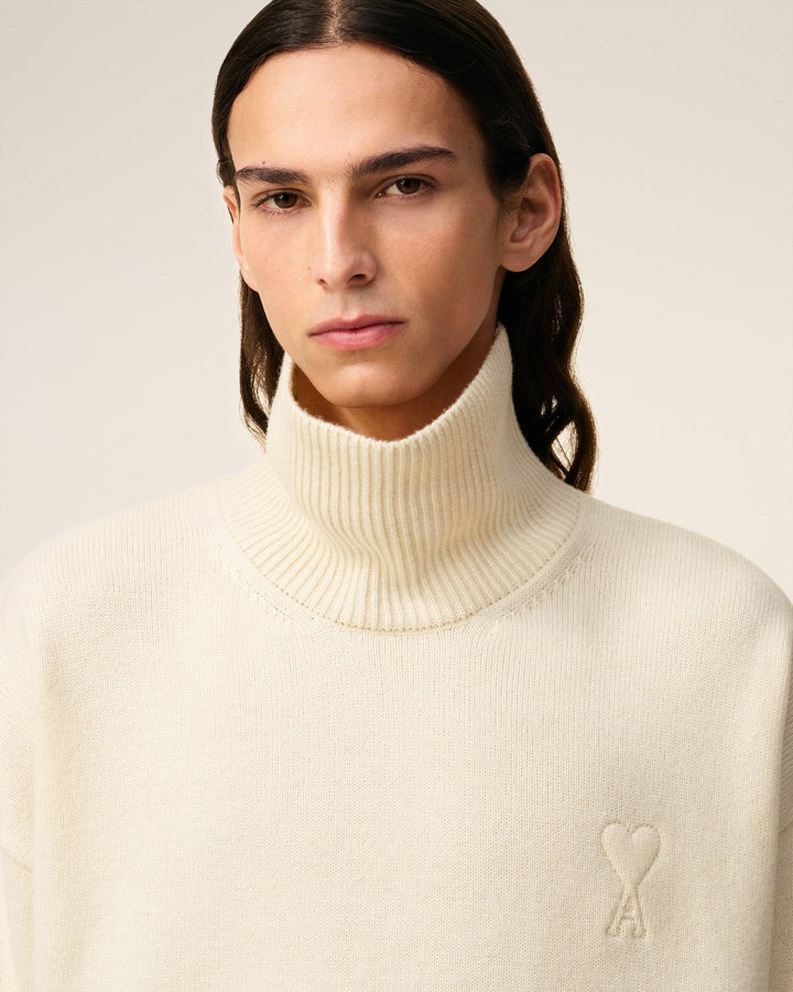 AMI - Pull blanc col cheminée ami de cœur en laine - Lothaire