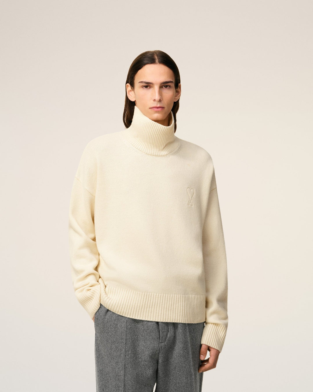 AMI - Pull blanc col cheminée ami de cœur en laine - Lothaire