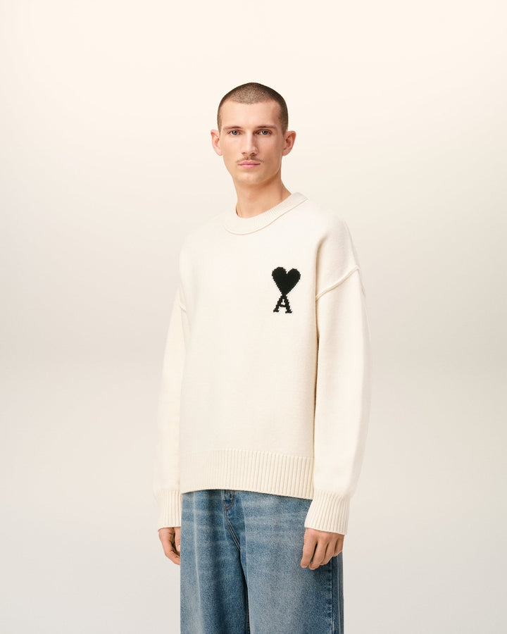 AMI - Pull blanc col rond ami de cœur en laine écru/noir - Lothaire