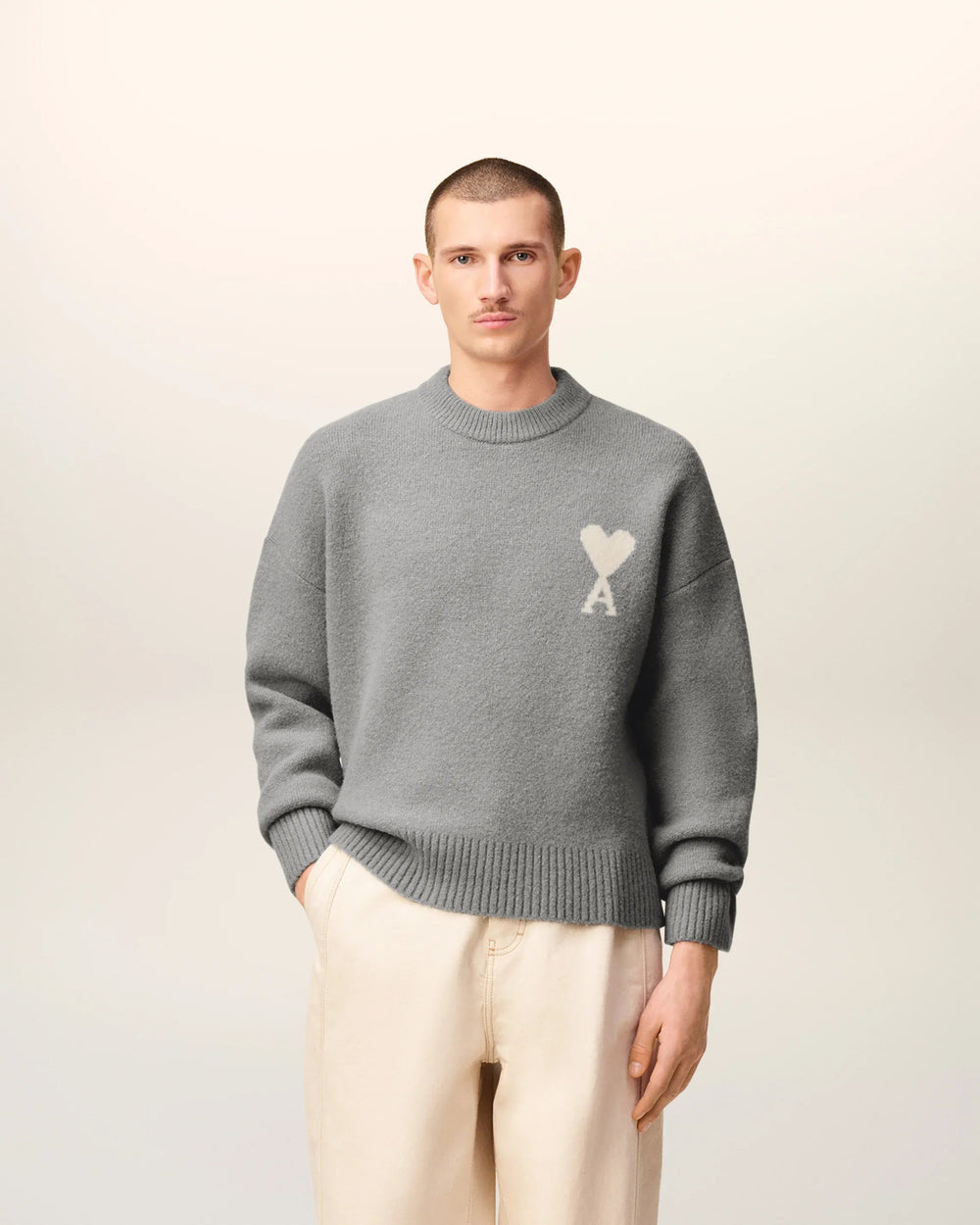 AMI - Pull gris col rond ami de cœur en alpaga - Lothaire