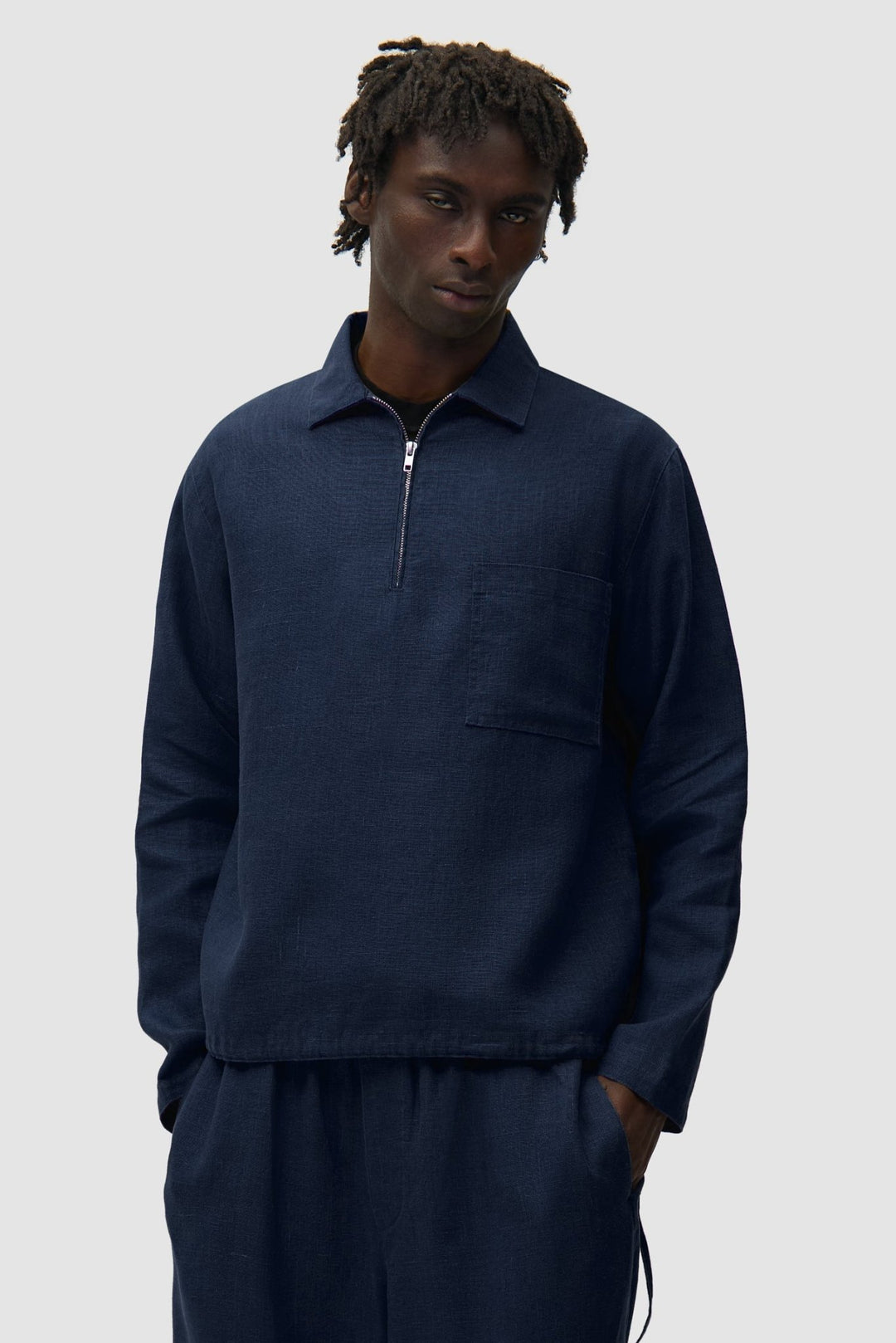 ARTE - Pull à fermeture éclair quart de longueur en lin Bleu marine - Lothaire