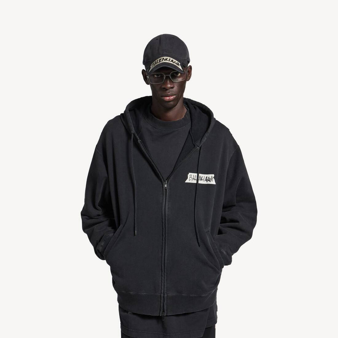 BALENCIAGA - Men's Masking Tape Oversized Zip - up Hoodie Noir - Lothaire