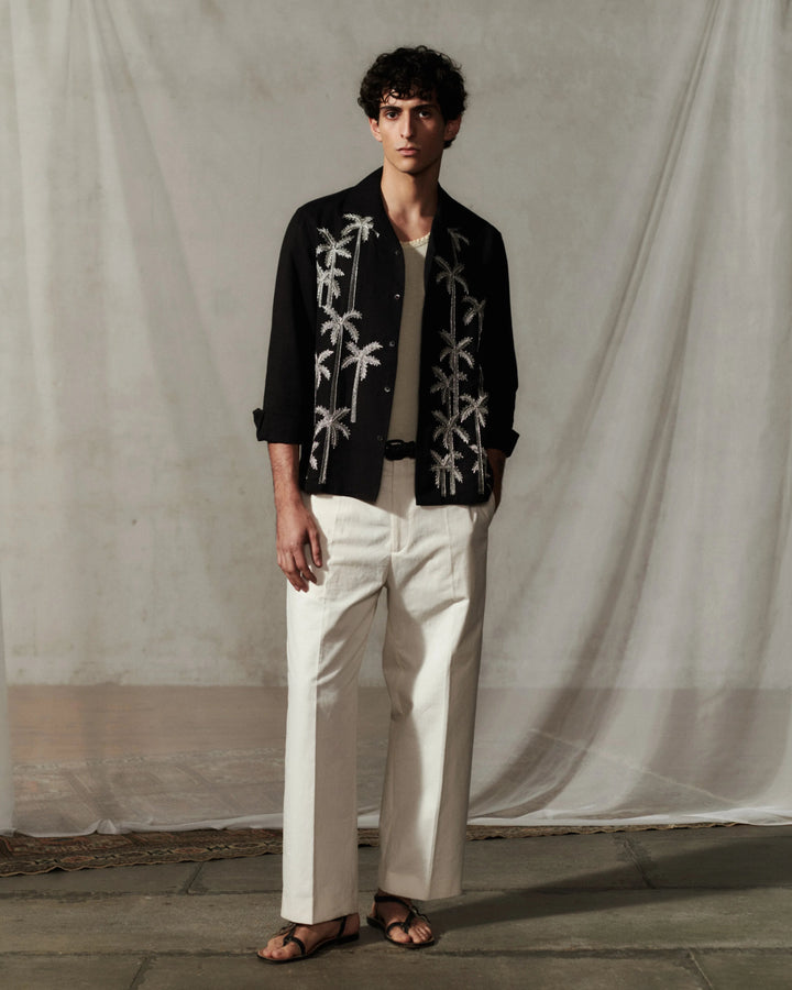 BAZISZT - chemise noir broderie argnt palmiers - Lothaire
