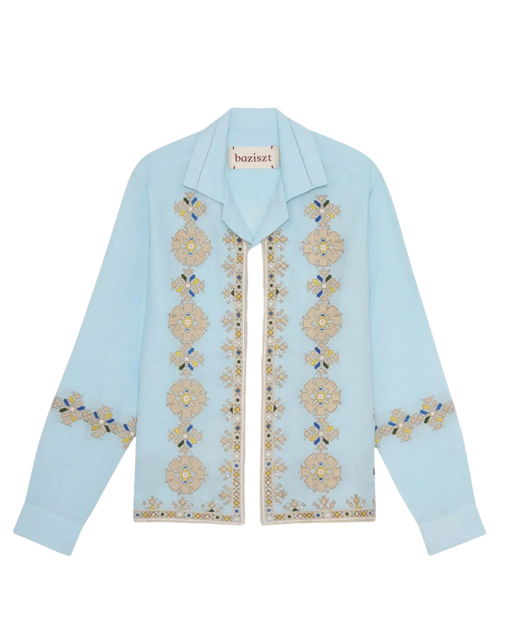 BAZISZT - Roses chemise bleu ciel broderie point de croix - Lothaire