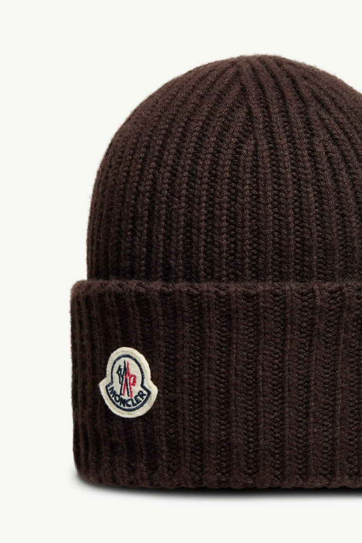 MONCLER - Bonnet en laine vierge et cachemire Marron foncé