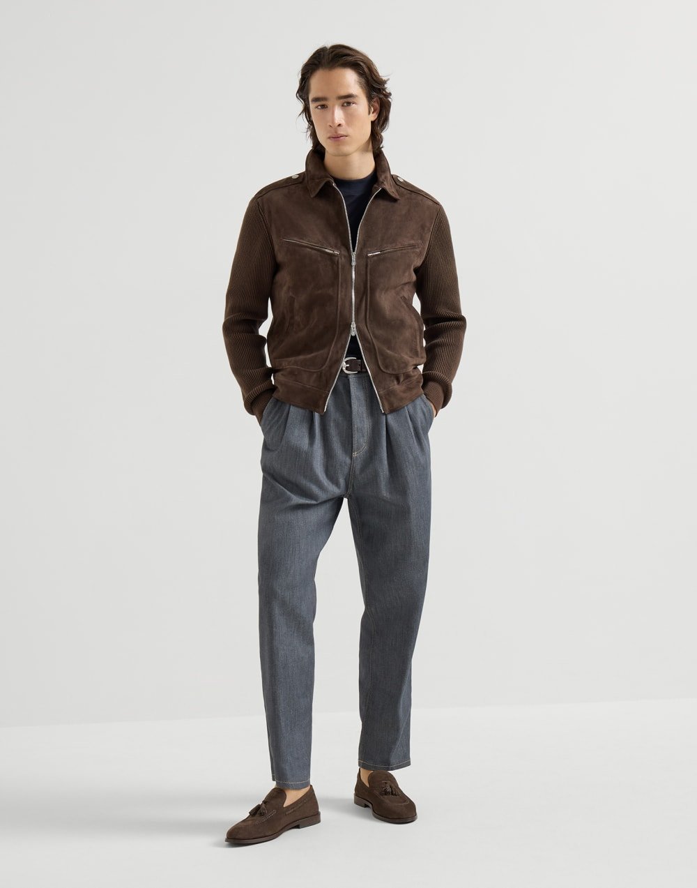 BRUNELLO CUCINELLI - Blouson en daim et maille de coton Expresso - Lothaire
