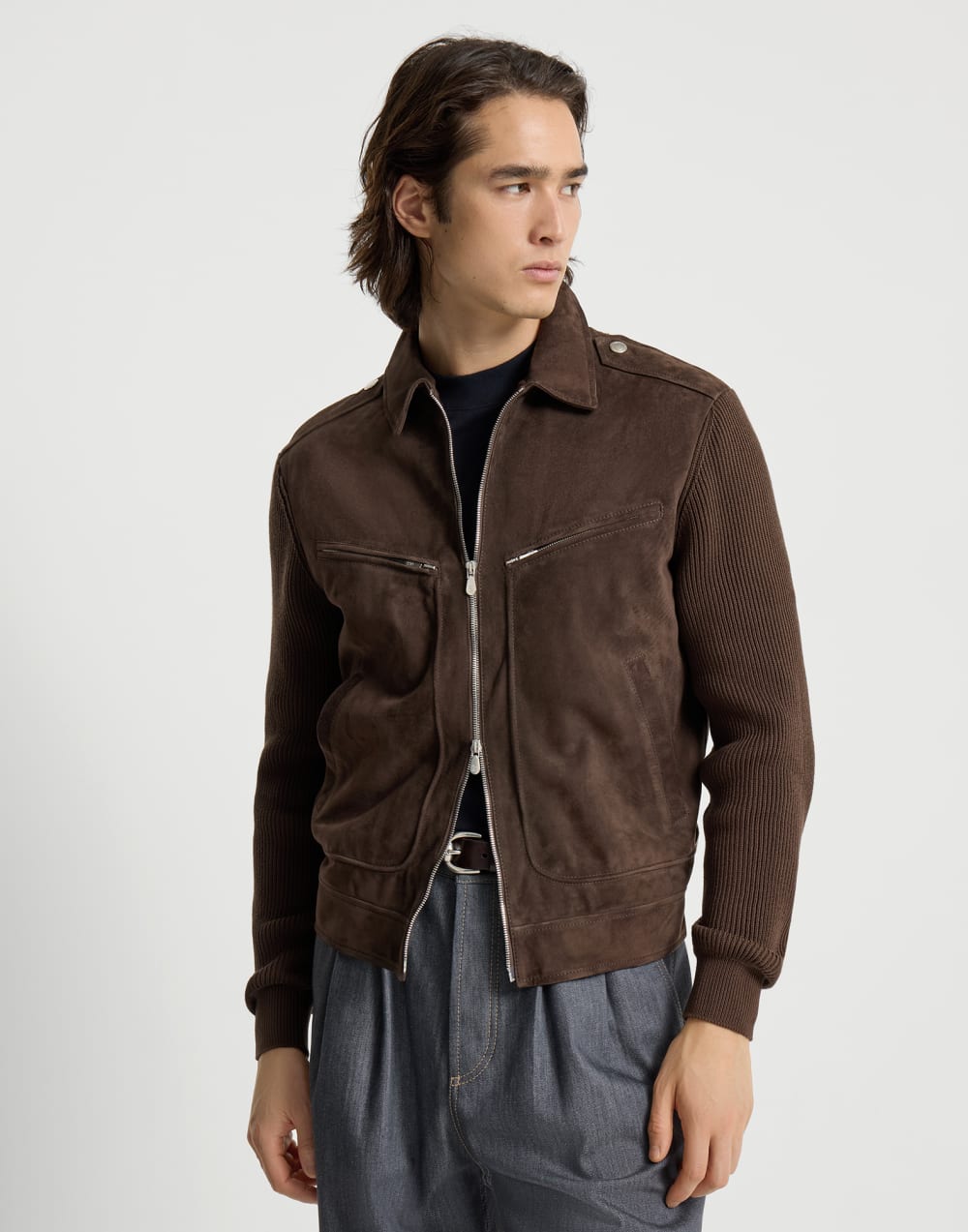 BRUNELLO CUCINELLI - Blouson en daim et maille de coton Expresso - Lothaire