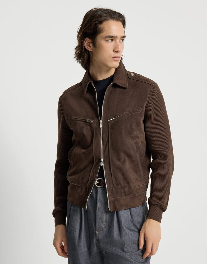BRUNELLO CUCINELLI - Blouson en daim et maille de coton Expresso - Lothaire