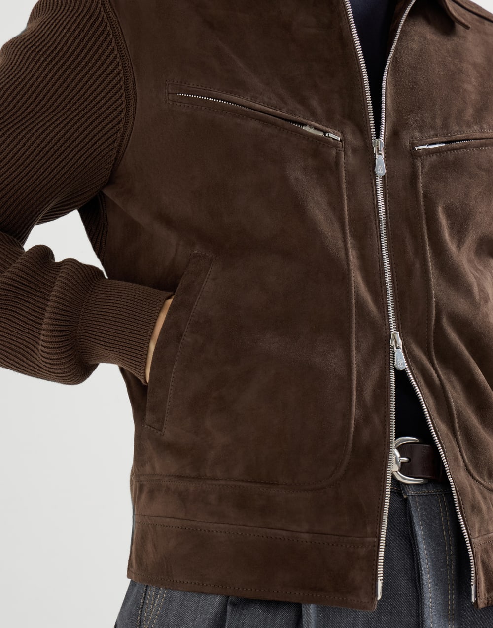 BRUNELLO CUCINELLI - Blouson en daim et maille de coton Expresso - Lothaire