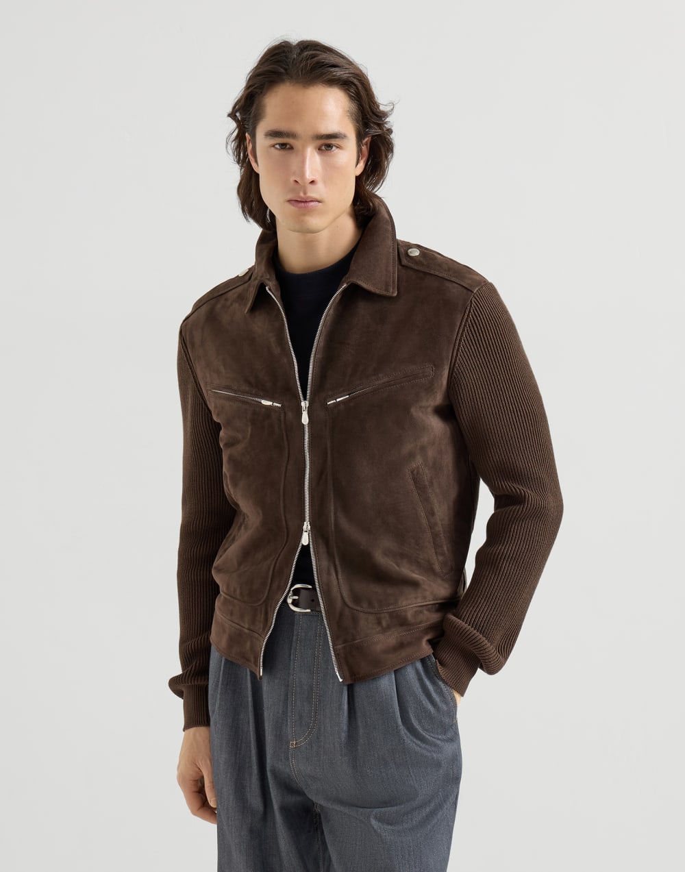 BRUNELLO CUCINELLI - Blouson en daim et maille de coton Expresso - Lothaire