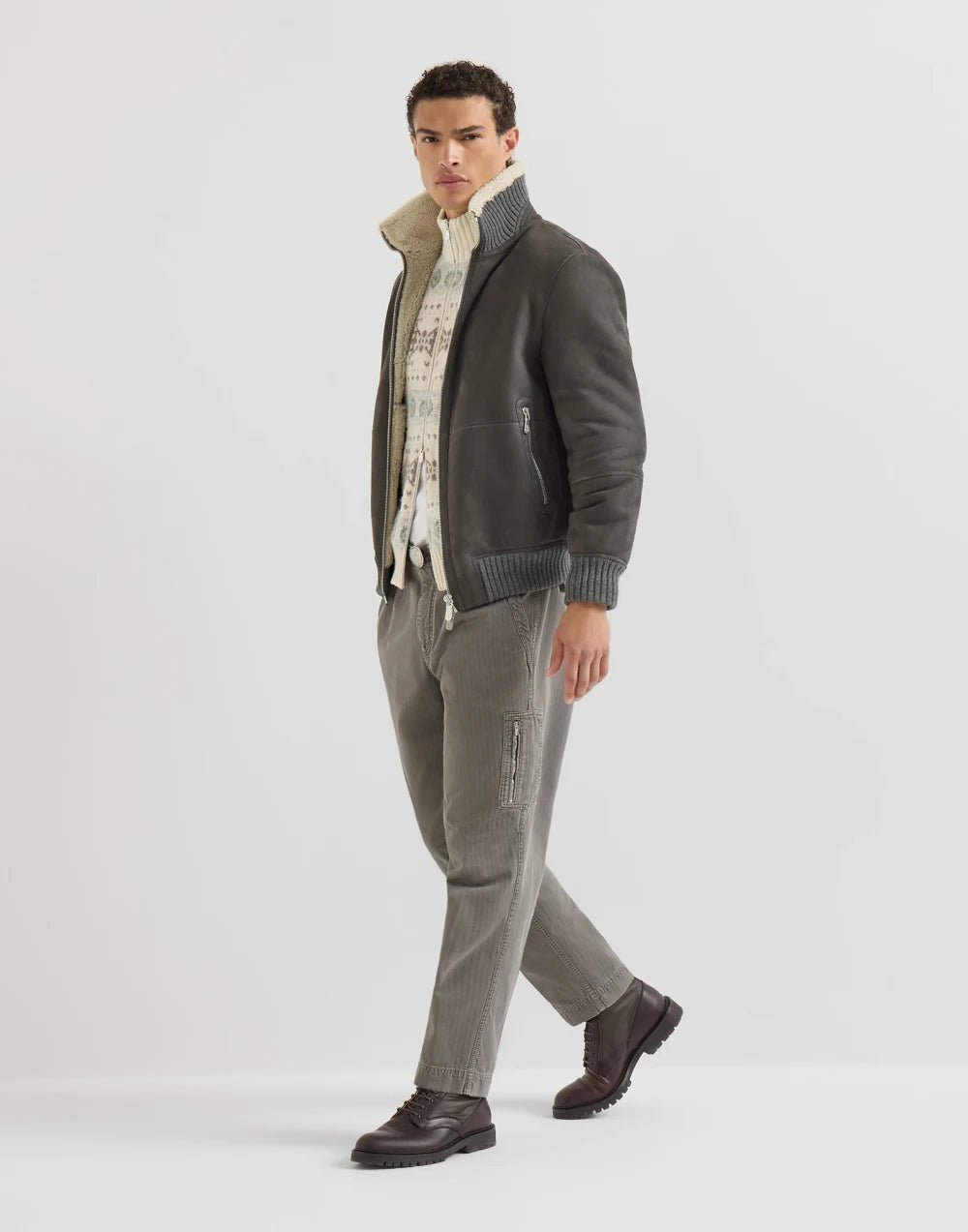 BRUNELLO CUCINELLI - Bomber en peau de mouton Curly suédée Gris - Lothaire