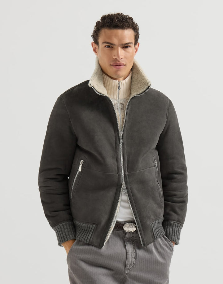 BRUNELLO CUCINELLI - Bomber en peau de mouton Curly suédée Gris - Lothaire