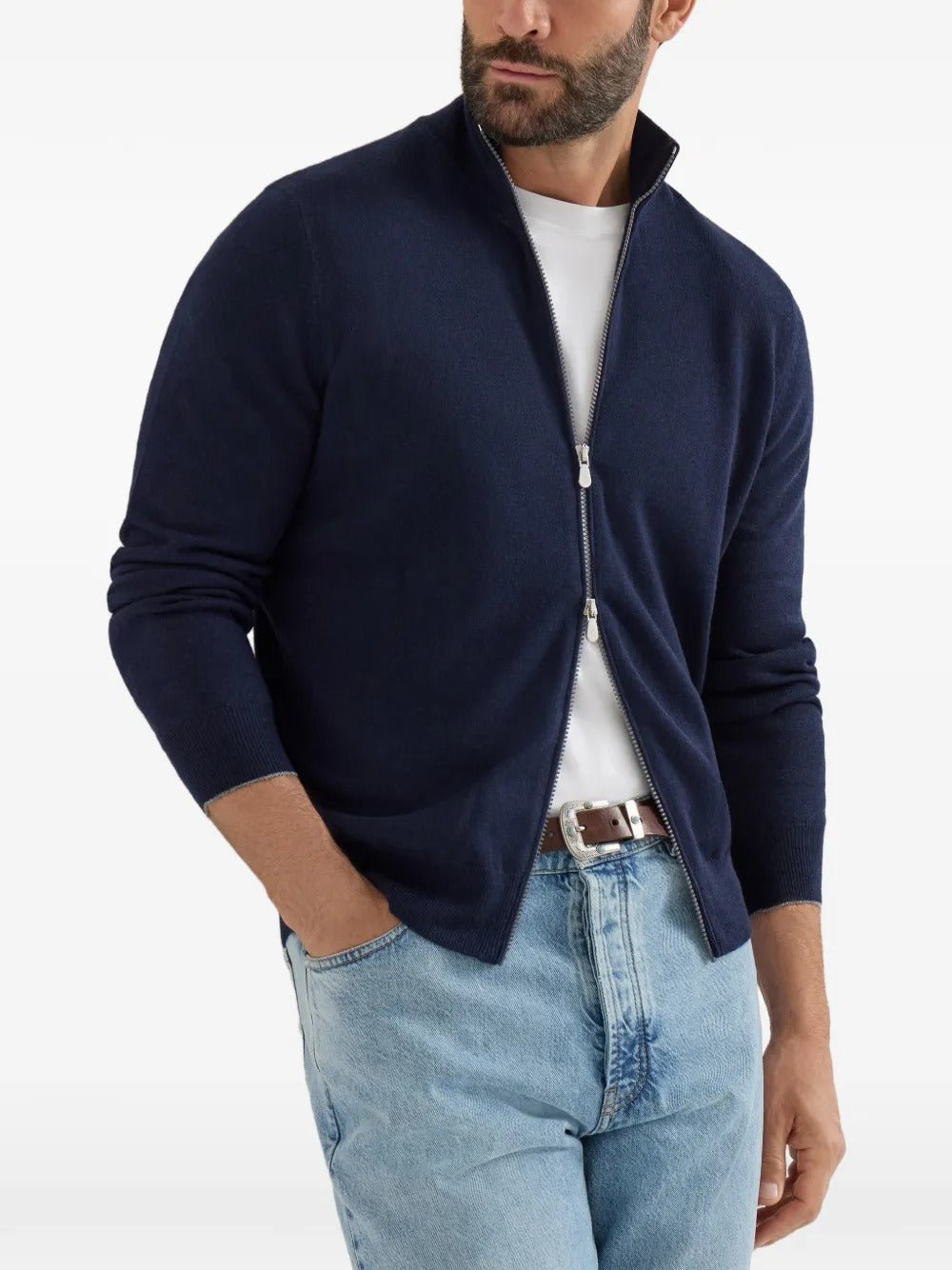 BRUNELLO CUCINELLI - Cardigan Col Montant en Cachemire Bleu Marine - Lothaire