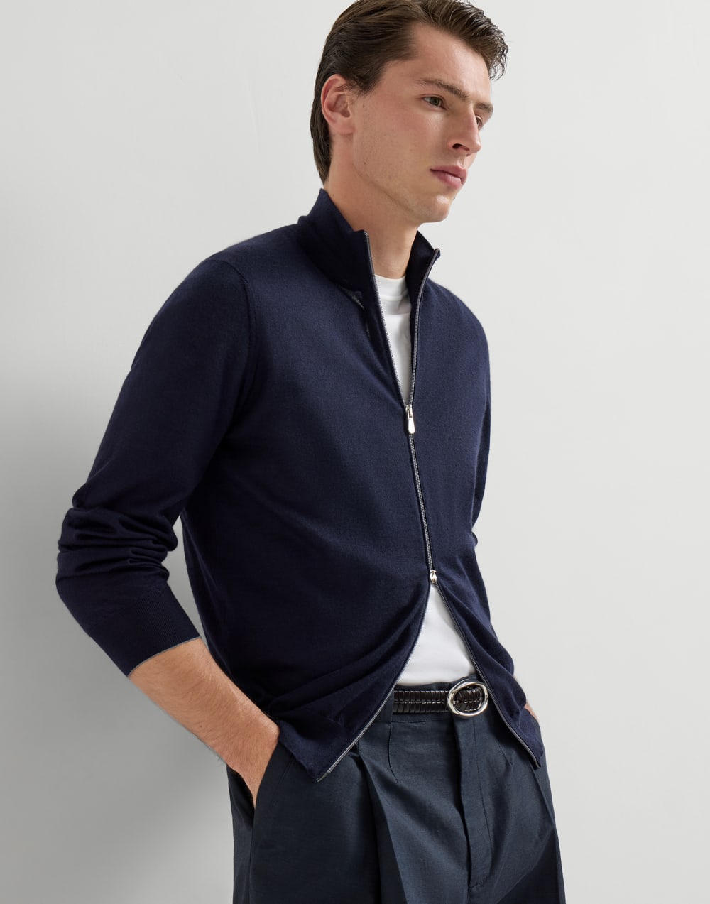 BRUNELLO CUCINELLI - Cardigan léger en cachemire et soie à zip Bleu marine - Lothaire