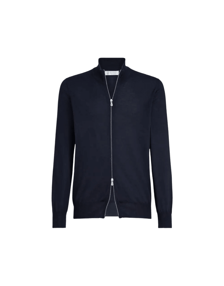 BRUNELLO CUCINELLI - Cardigan Zippé Cachemire & Soie Bleu Marine - Lothaire