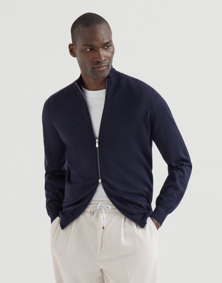 BRUNELLO CUCINELLI - Cardigan Zippé Cachemire & Soie Bleu Marine - Lothaire