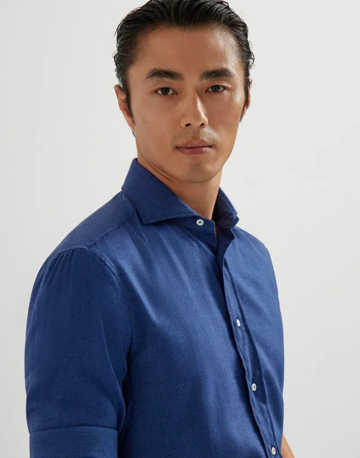 BRUNELLO CUCINELLI - Chemise coupe slim en flanelle de coton extensible motif chevrons à col français bleu - Lothaire