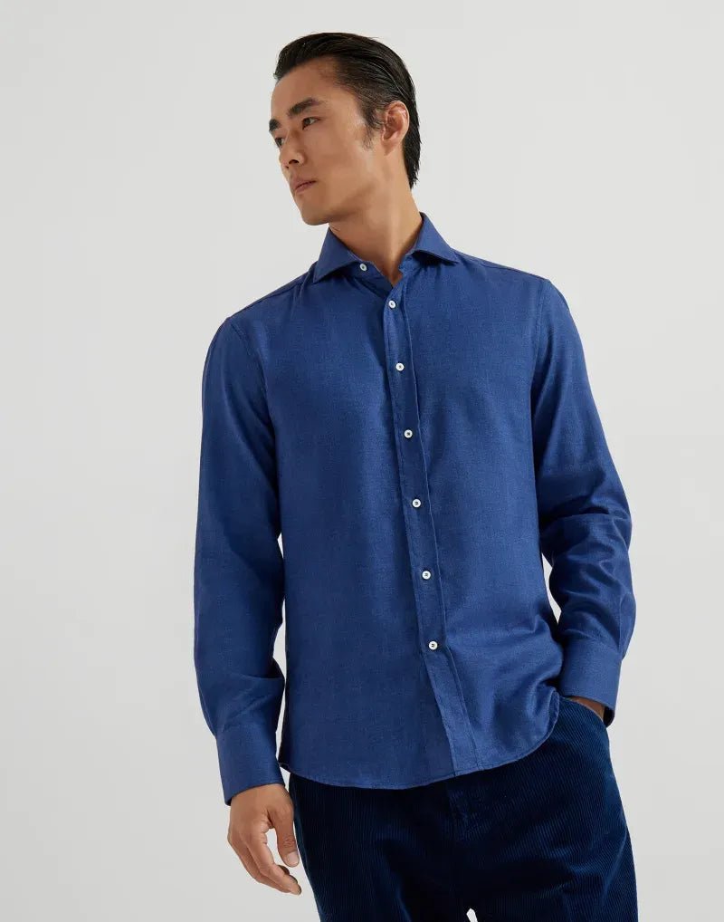 BRUNELLO CUCINELLI - Chemise coupe slim en flanelle de coton extensible motif chevrons à col français bleu - Lothaire