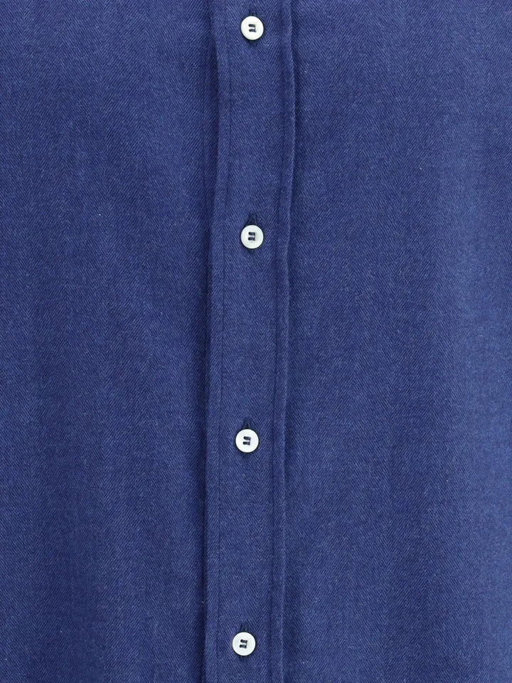 BRUNELLO CUCINELLI - Chemise coupe slim en flanelle de coton extensible motif chevrons à col français bleu - Lothaire