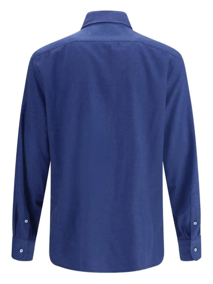 BRUNELLO CUCINELLI - Chemise coupe slim en flanelle de coton extensible motif chevrons à col français bleu - Lothaire