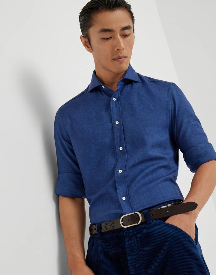 BRUNELLO CUCINELLI - Chemise coupe slim en flanelle de coton extensible motif chevrons à col français bleu - Lothaire
