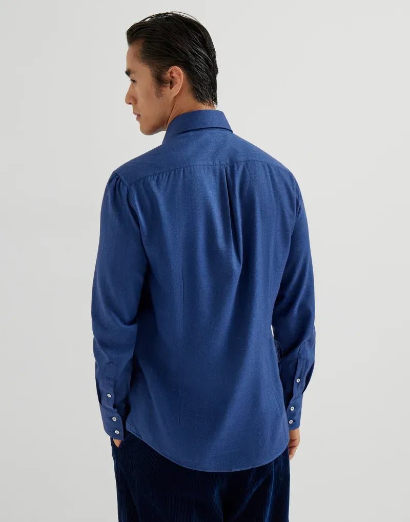 BRUNELLO CUCINELLI - Chemise coupe slim en flanelle de coton extensible motif chevrons à col français bleu - Lothaire