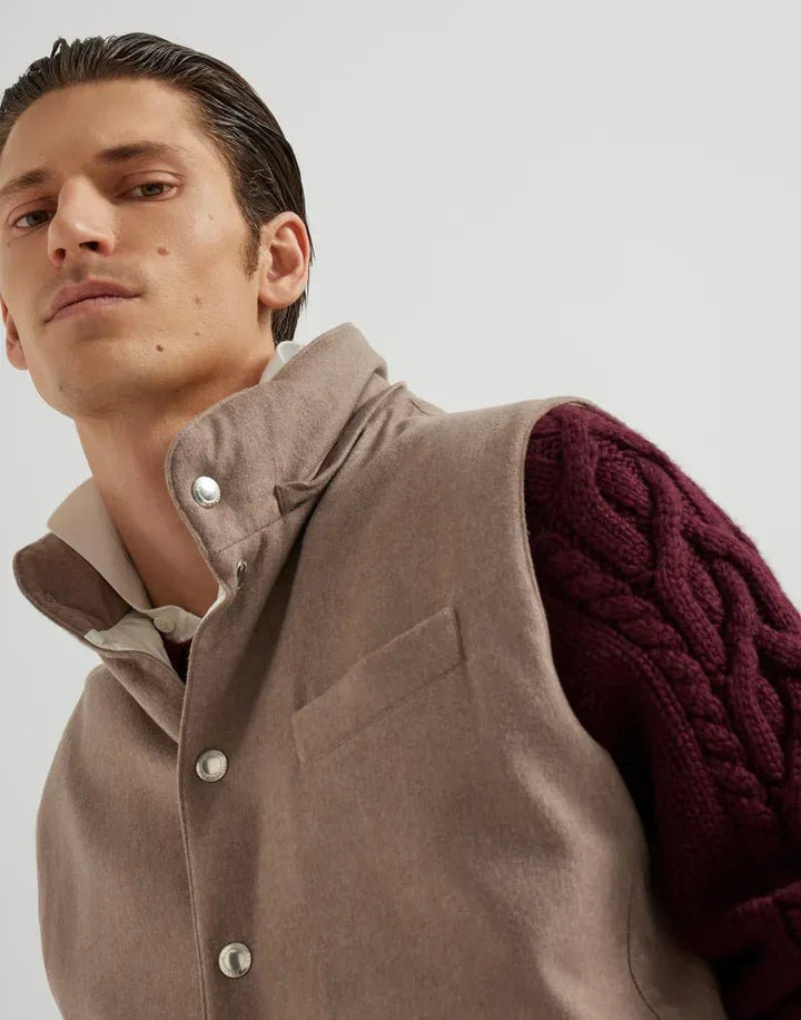 BRUNELLO CUCINELLI - Doudoune sans manches en flanelle de laine membranée à capuche détachable BEIGE - Lothaire