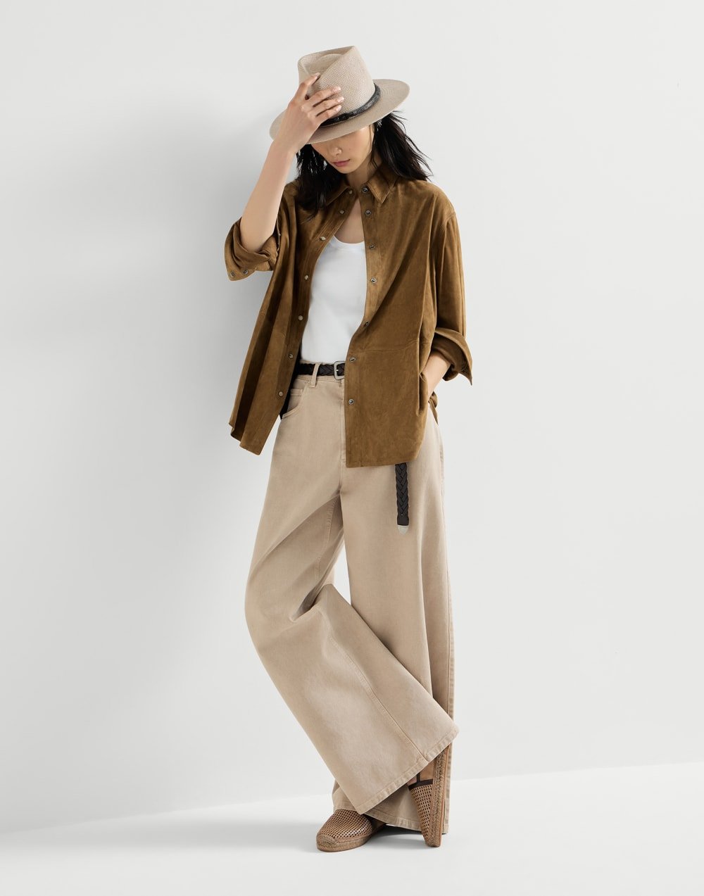 BRUNELLO CUCINELLI - Espadrilles en cuir Sparkling Net et daim avec patte brillante Marron - Lothaire