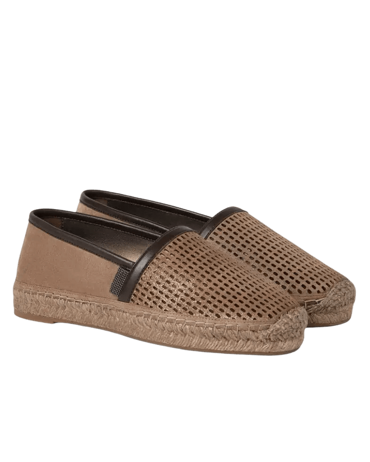 BRUNELLO CUCINELLI - Espadrilles en cuir Sparkling Net et daim avec patte brillante Marron - Lothaire