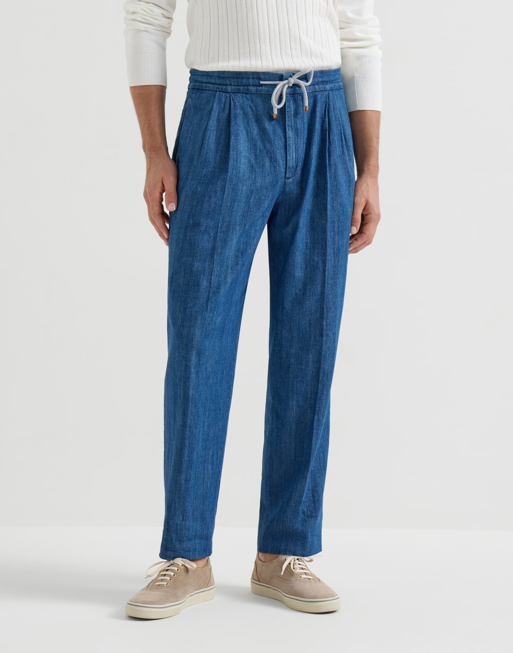 BRUNELLO CUCINELLI - Pantalon en denim léger à coulisse et double pince Bleu - Lothaire
