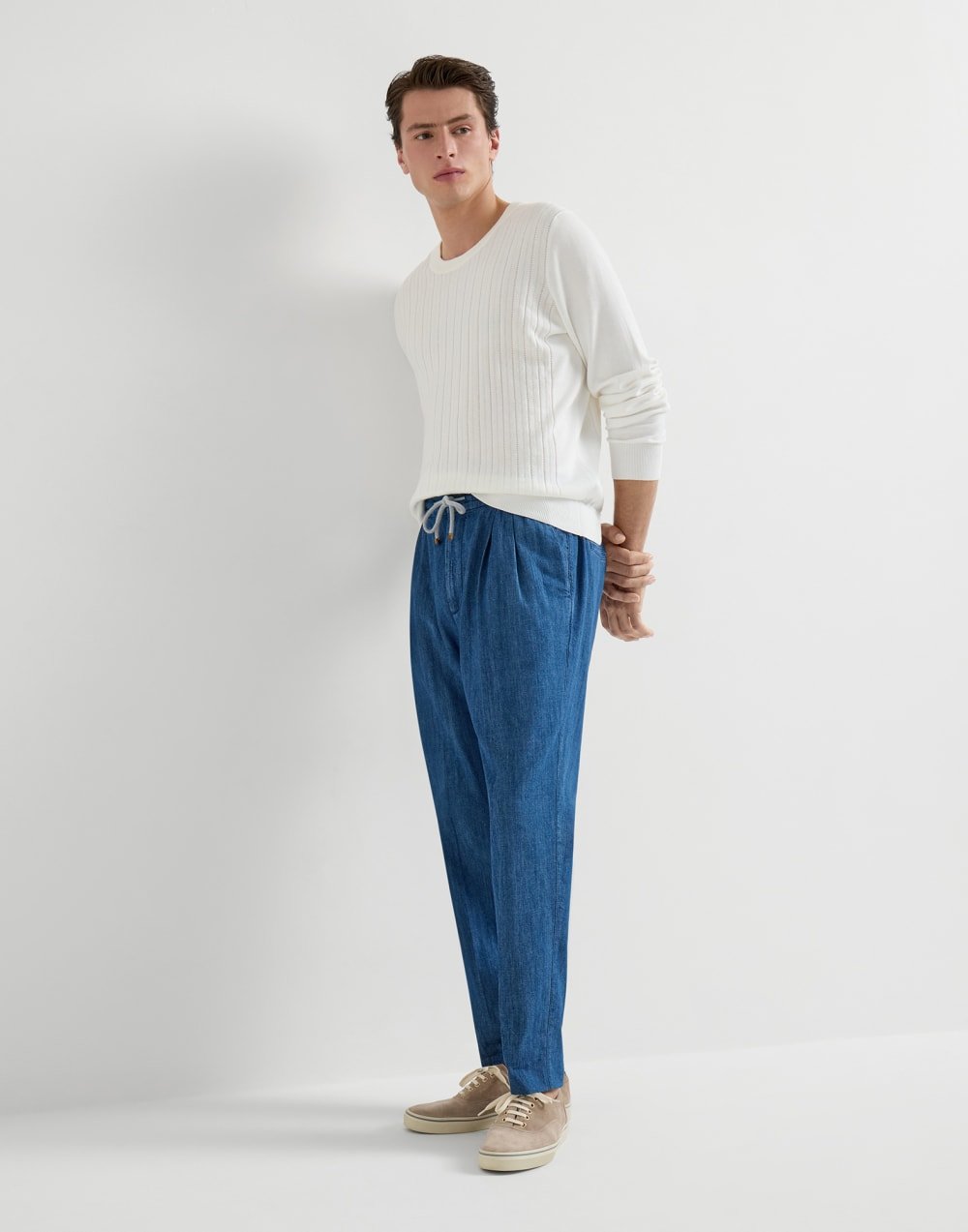 BRUNELLO CUCINELLI - Pantalon en denim léger à coulisse et double pince Bleu - Lothaire