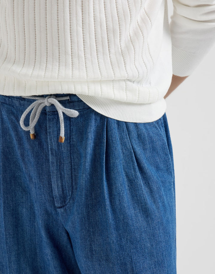 BRUNELLO CUCINELLI - Pantalon en denim léger à coulisse et double pince Bleu - Lothaire
