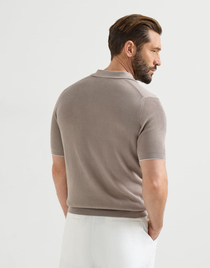 BRUNELLO CUCINELLI - Polo en maille de coton en côtes anglaises Marron clair - Lothaire