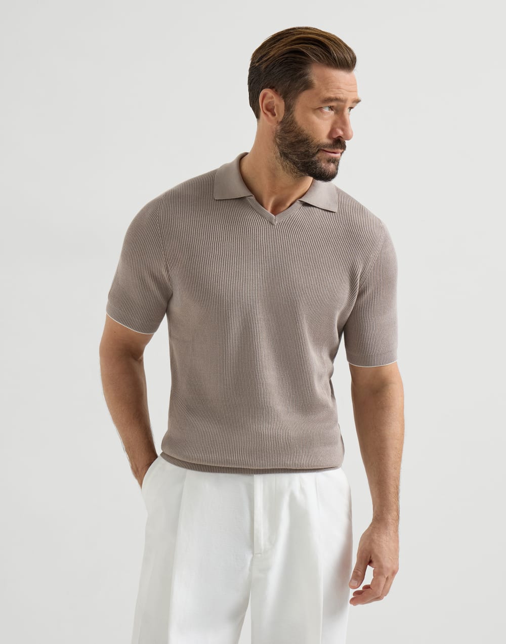 BRUNELLO CUCINELLI - Polo en maille de coton en côtes anglaises Marron clair - Lothaire