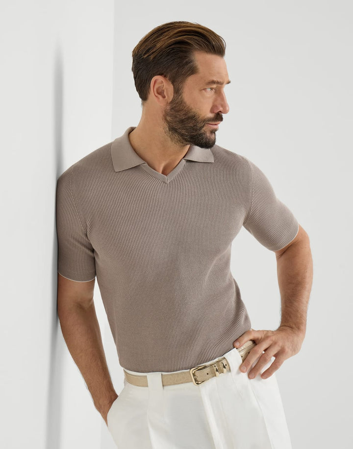 BRUNELLO CUCINELLI - Polo en maille de coton en côtes anglaises Marron clair - Lothaire