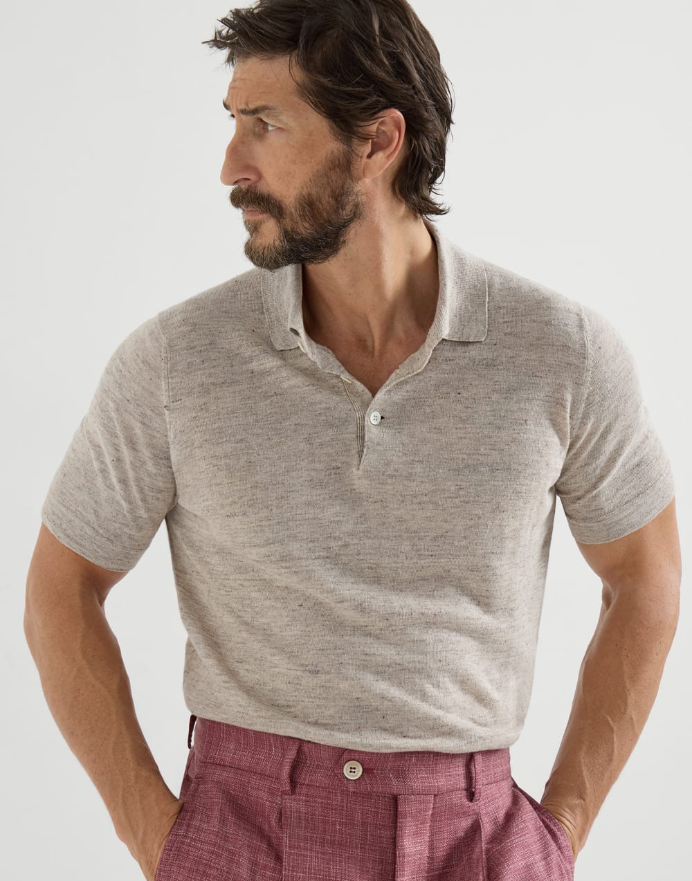 BRUNELLO CUCINELLI - Polo en maille de lin et coton Sable - Lothaire
