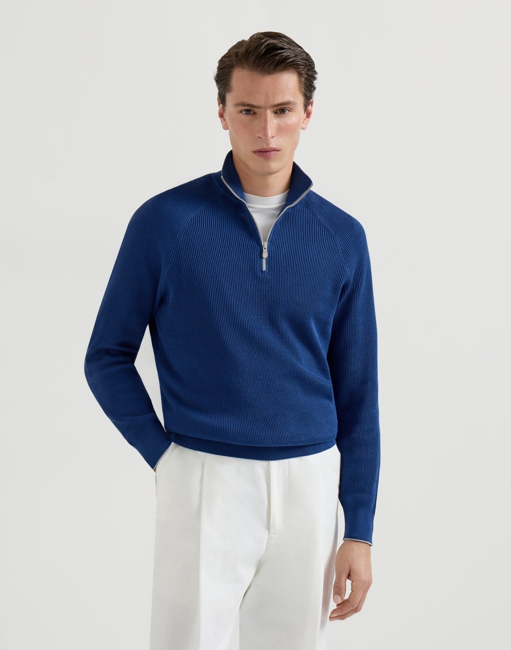 BRUNELLO CUCINELLI - Pull en coton en côtes anglaises, ouverture par zip et manches raglan Bleu océan - Lothaire