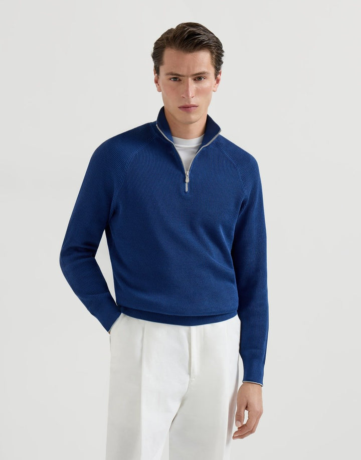 BRUNELLO CUCINELLI - Pull en coton en côtes anglaises, ouverture par zip et manches raglan Bleu océan - Lothaire