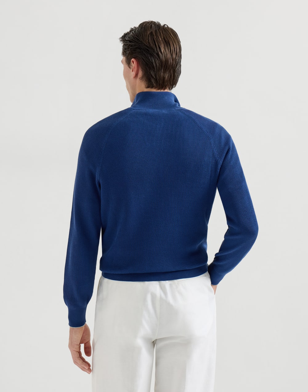 BRUNELLO CUCINELLI - Pull en coton en côtes anglaises, ouverture par zip et manches raglan Bleu océan - Lothaire