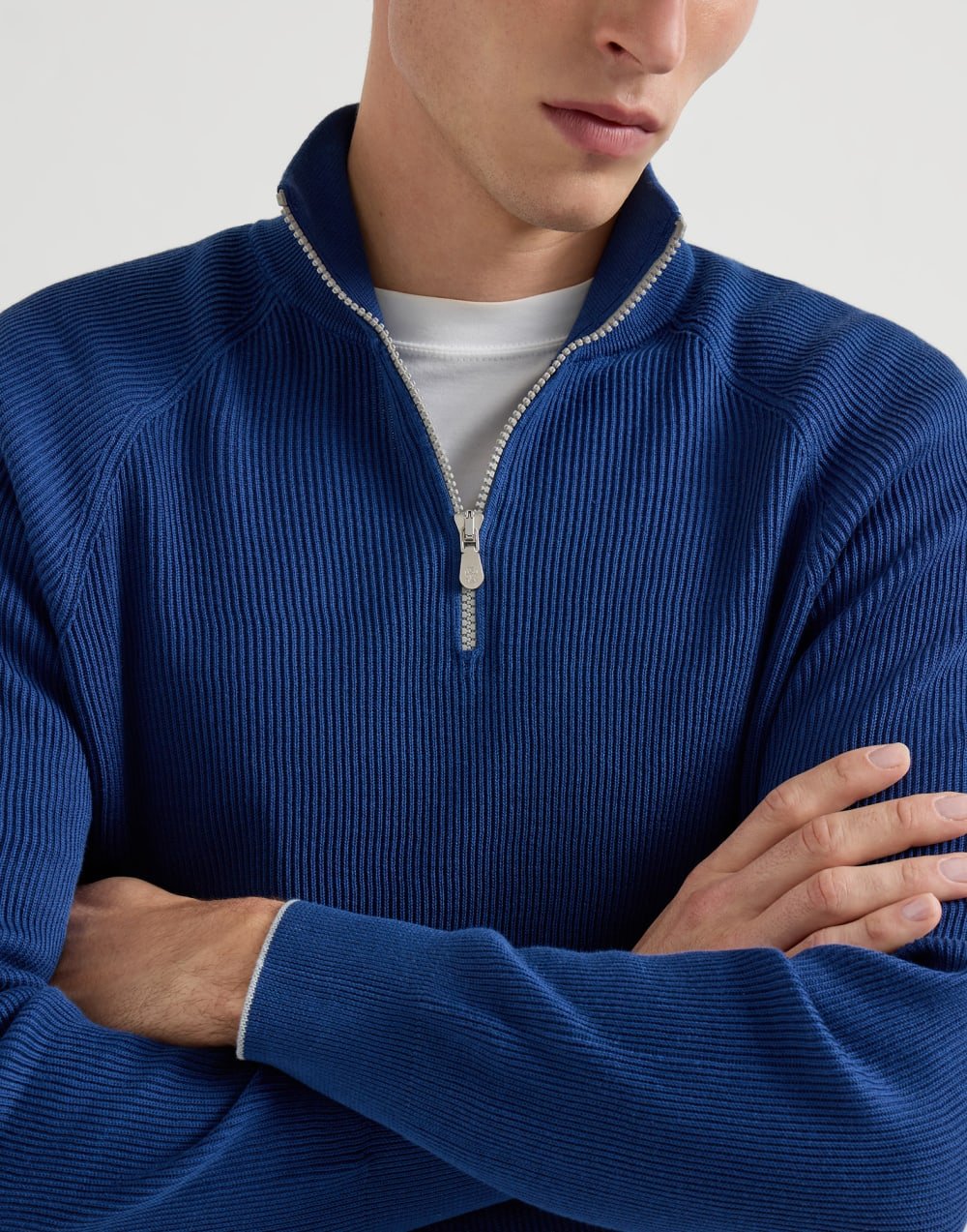 BRUNELLO CUCINELLI - Pull en coton en côtes anglaises, ouverture par zip et manches raglan Bleu océan - Lothaire