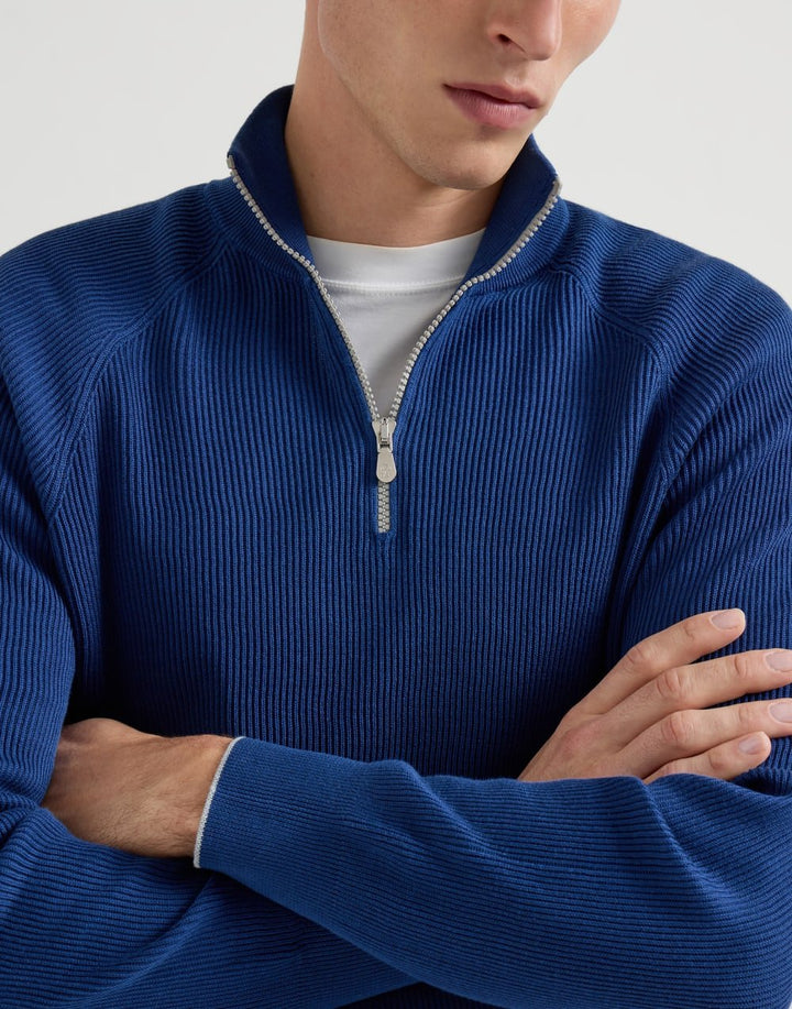 BRUNELLO CUCINELLI - Pull en coton en côtes anglaises, ouverture par zip et manches raglan Bleu océan - Lothaire